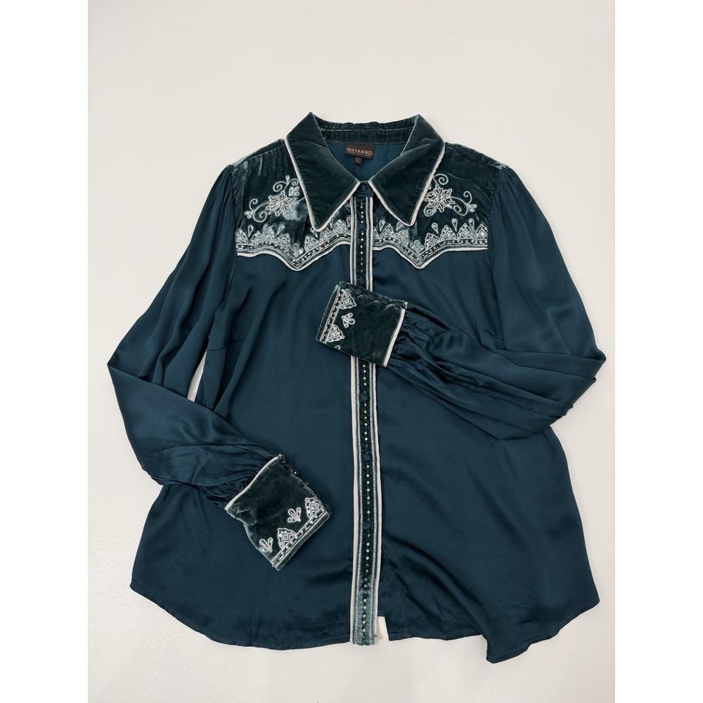 Vintage Shyanne Velvet Trim Embroidered Western Blouse XL Green Boho - Picture 8 of 9